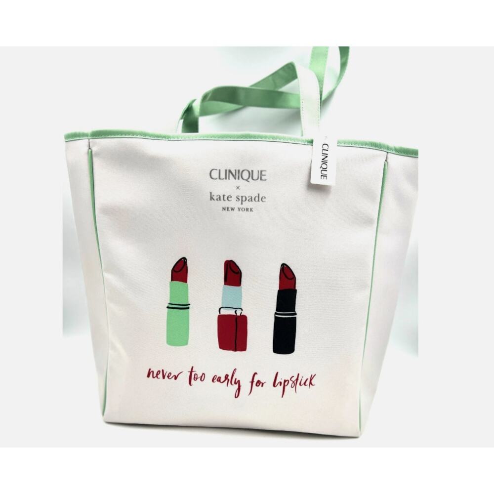 Kate Spade Shopping Shoulder Tote Bag Green Strip Lipstick Print Clinique NWT